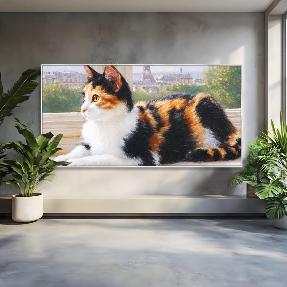 Tablou canvas cu pictura cu pisica calico si turnul eiffel, in rama de aluminiu argintiu